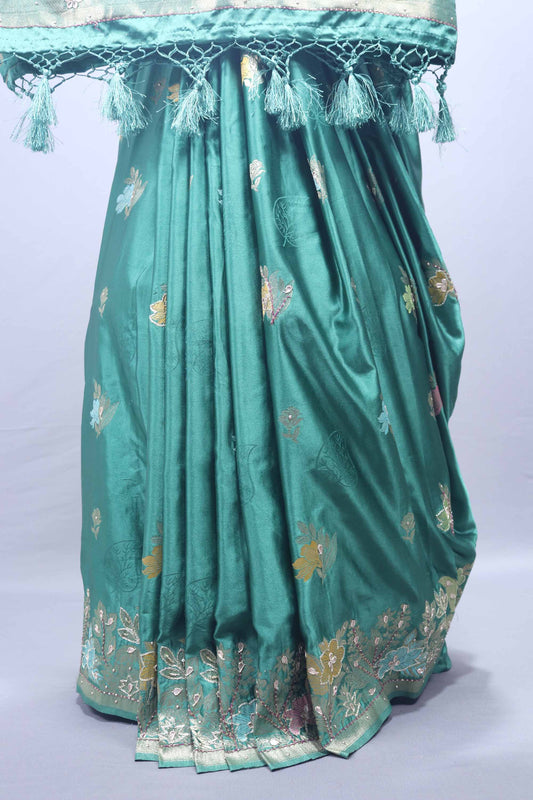 Teal Green Floral Embroidered Silk Saree with Designer Border