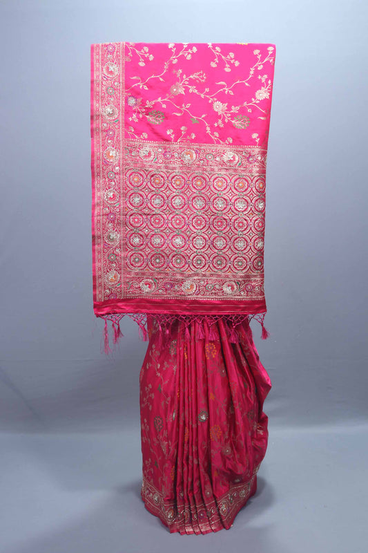 Rani Pink Embroidered Silk Saree with Floral Motifs Heavy Zari Border 