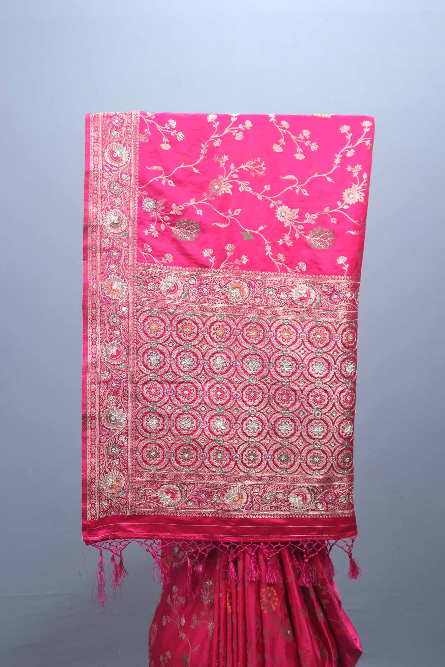 Rani Pink Embroidered Silk Saree with Floral Motifs Heavy Zari Border