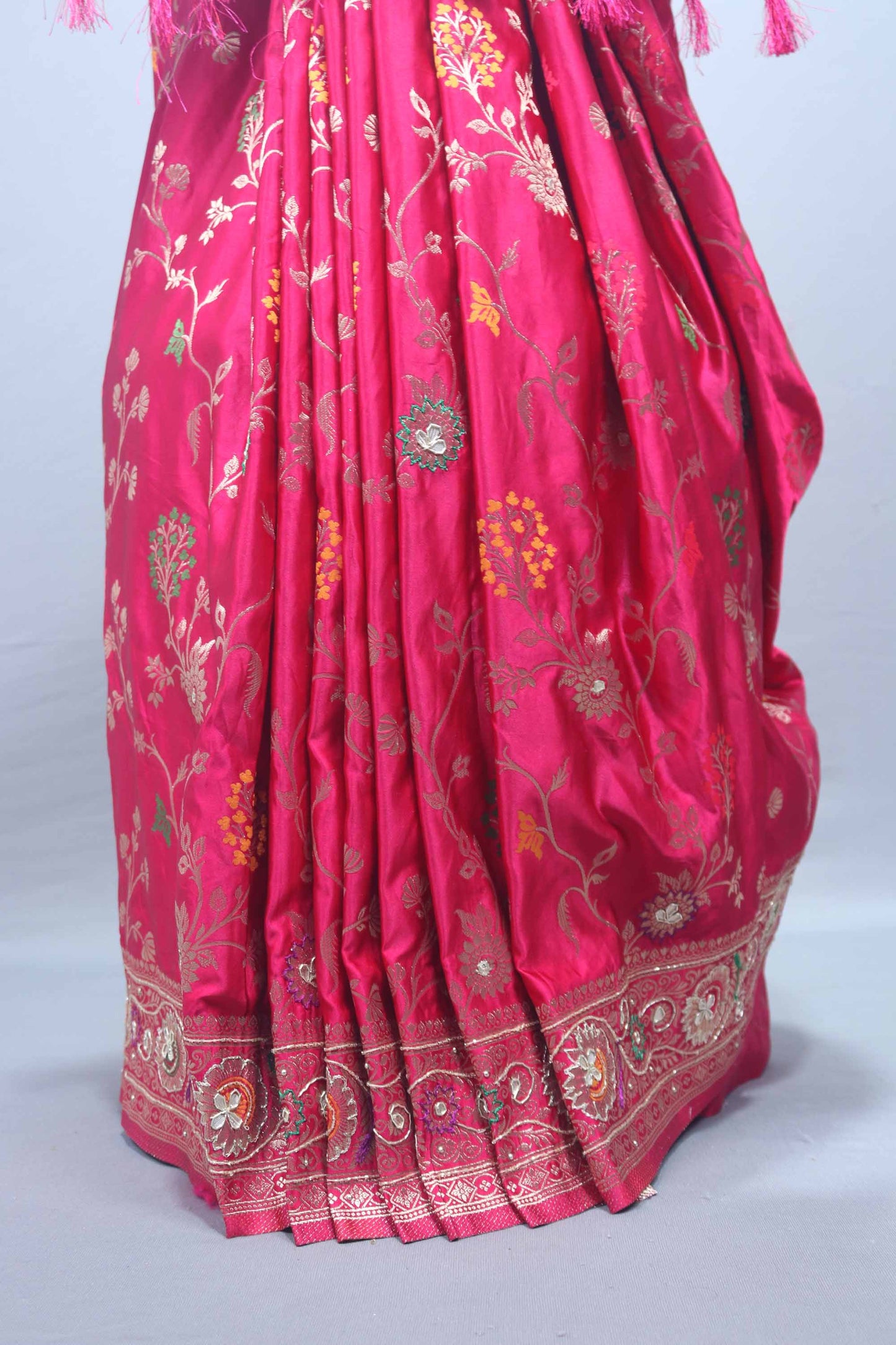 Rani Pink Embroidered Silk Saree with Floral Motifs Heavy Zari Border