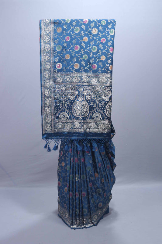Royal Blue Embroidered Silk Saree Floral Motifs Heavy Zari Border
