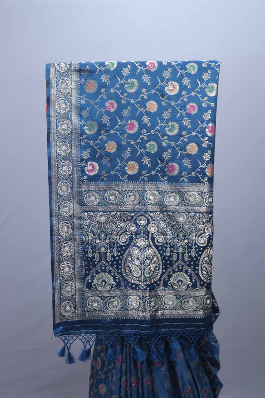 Royal Blue Embroidered Silk Saree Floral Motifs Heavy Zari Border