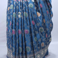 Royal Blue Embroidered Silk Saree Floral Motifs Heavy Zari Border