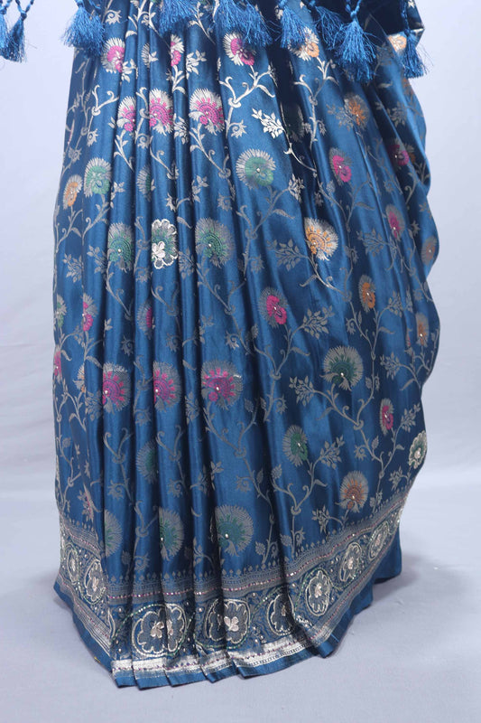 Royal Blue Embroidered Silk Saree Floral Motifs Heavy Zari Border
