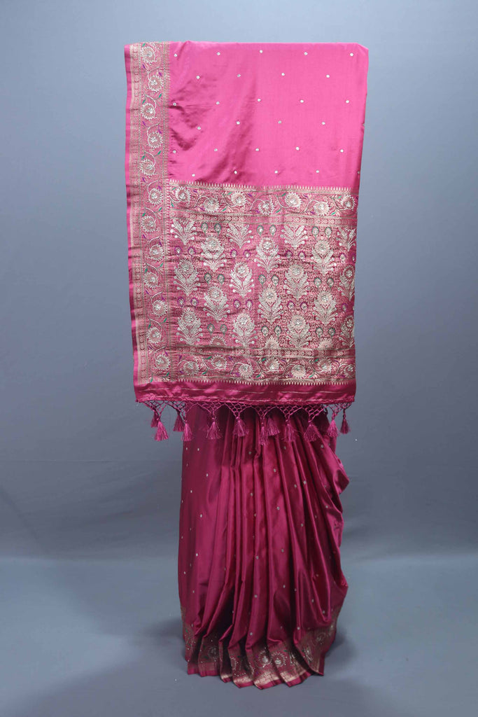 Wine Pink Embroidered Silk Saree with Heavy Zari Border Booti Work