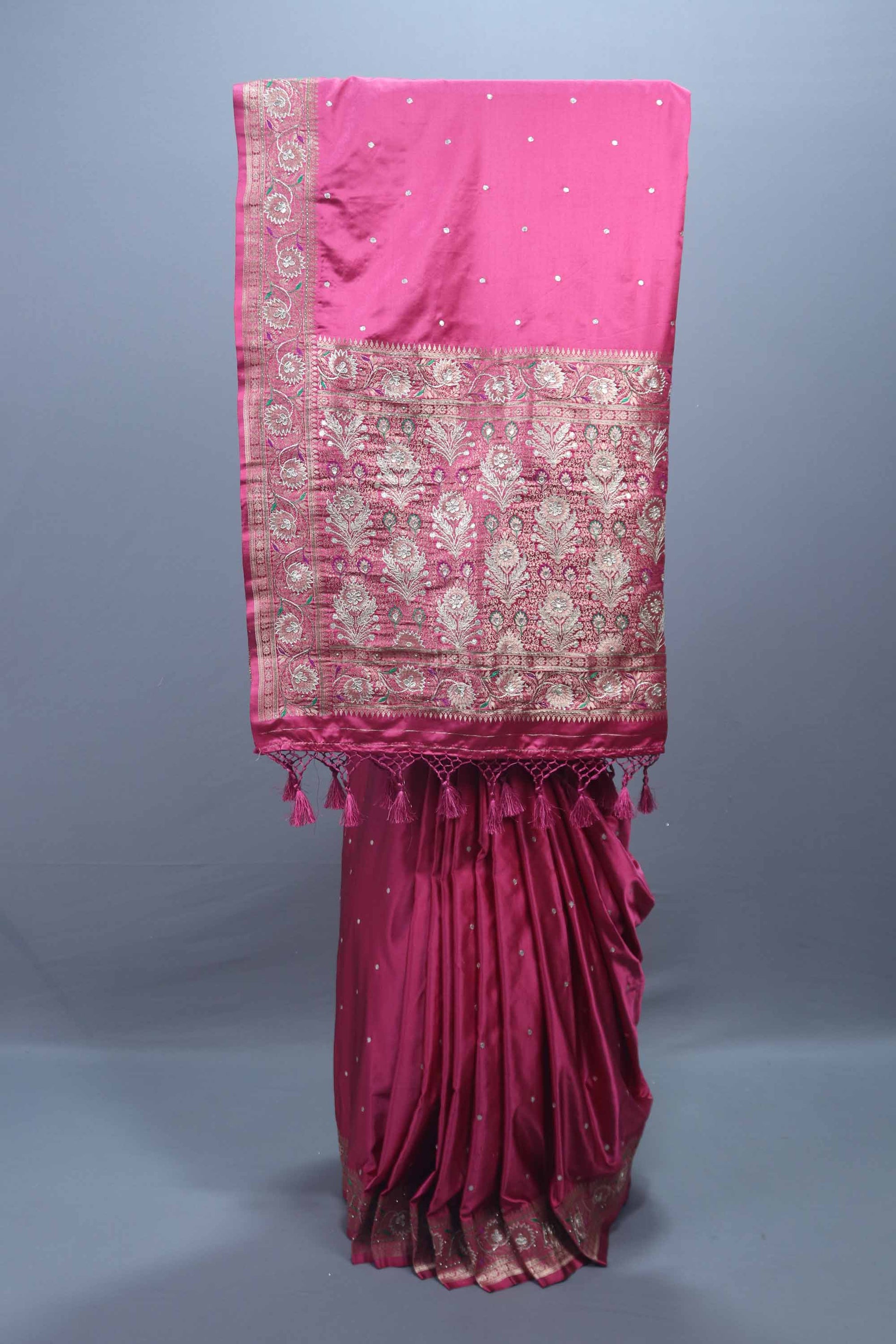 Wine Pink Embroidered Silk Saree with Heavy Zari Border Booti Work