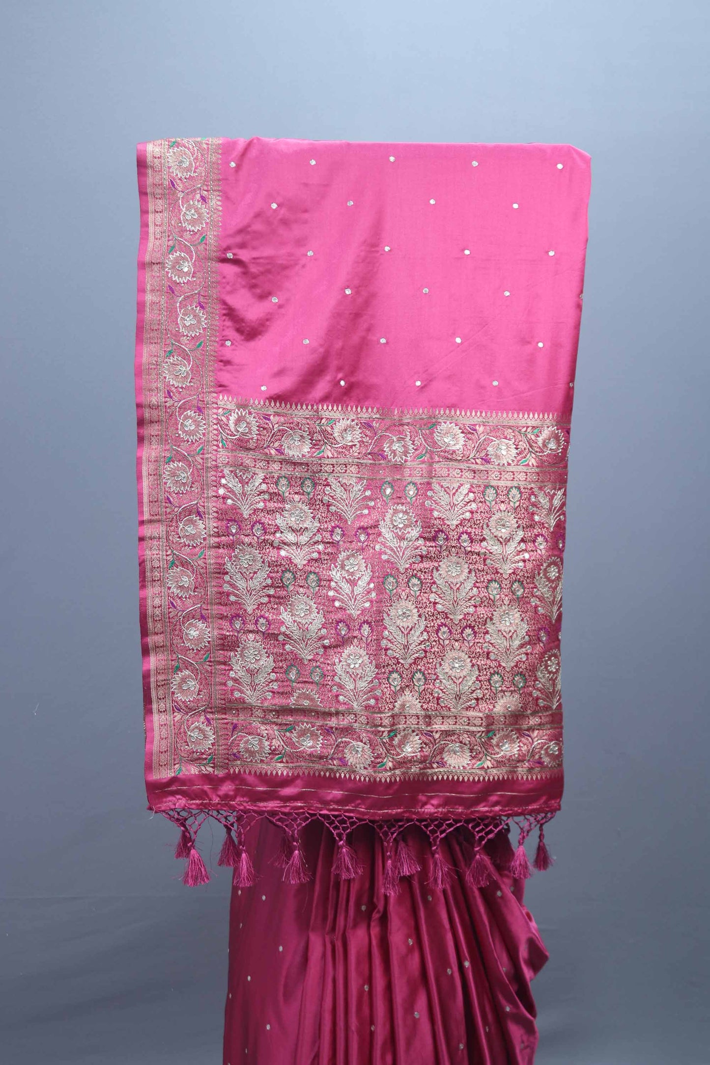 Wine Pink Embroidered Silk Saree with Heavy Zari Border Booti Work