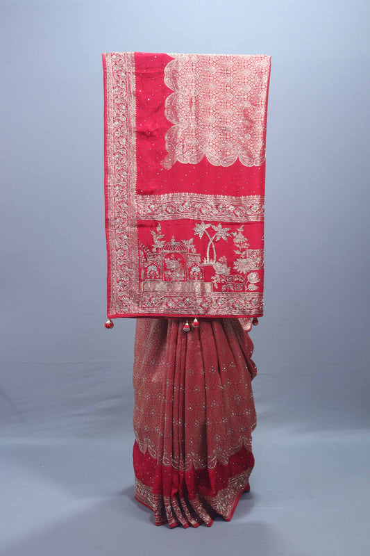 Red Embroidered Silk Saree with Heavy Zari Traditional Motifs Designer Pallu