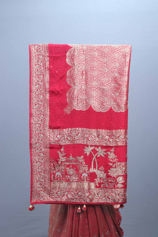 Red Embroidered Silk Saree with Heavy Zari Traditional Motifs Designer Pallu