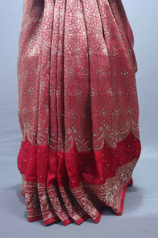 Red Embroidered Silk Saree with Heavy Zari Traditional Motifs Designer Pallu
