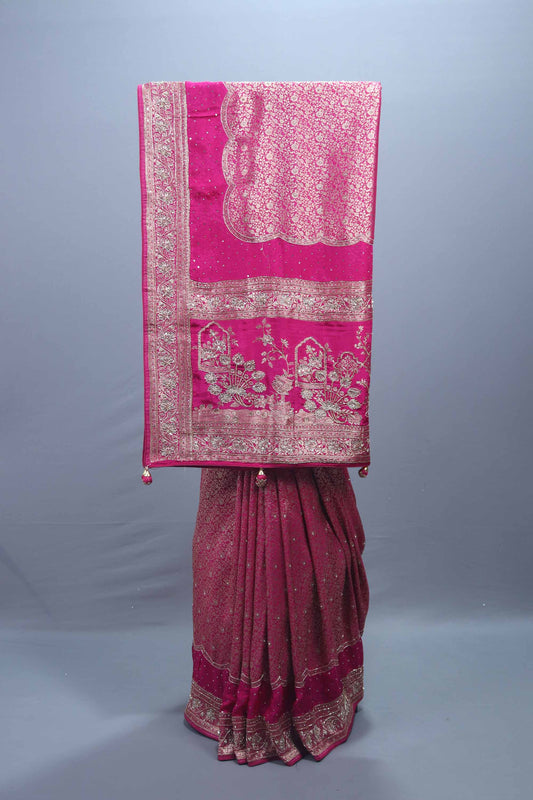 Magenta Pink Bridal Embroidered Silk Saree Heavy Zari Motifs Designer Pallu 