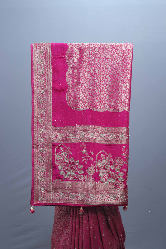 Magenta Pink Bridal Embroidered Silk Saree Heavy Zari Motifs Designer Pallu