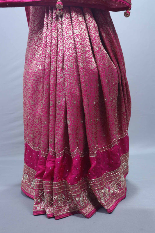 Magenta Pink Bridal Embroidered Silk Saree Heavy Zari Motifs Designer Pallu