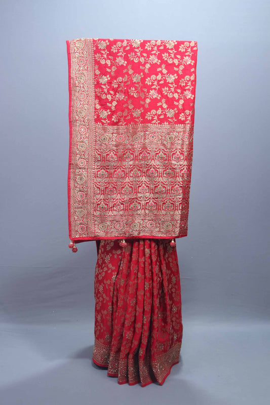 Red Embroidered Silk Saree Motifs Heavy Zari Border Designer Pallu