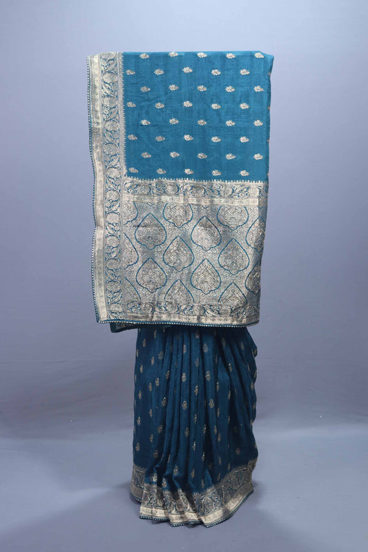 Teal Blue Banarasi Silk Saree with Silver Zari Buta Heavy Traditional Border