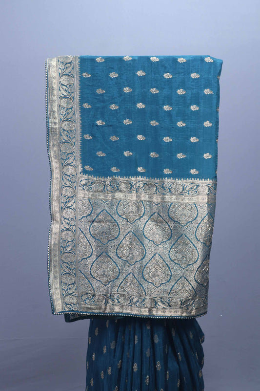 Teal Blue Banarasi Silk Saree with Silver Zari Buta Heavy Traditional Border