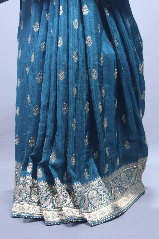 Teal Blue Banarasi Silk Saree with Silver Zari Buta Heavy Traditional Border