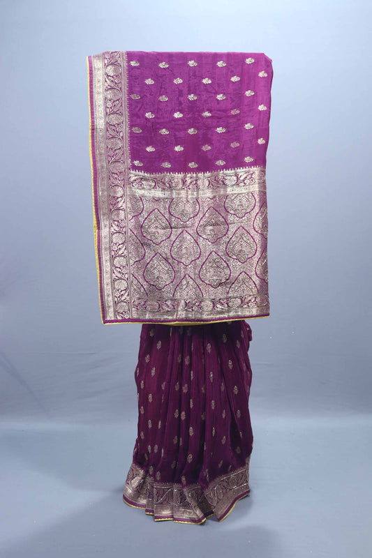 Purple Banarasi Silk Saree with Heavy Gold Zari Border Buti Work 