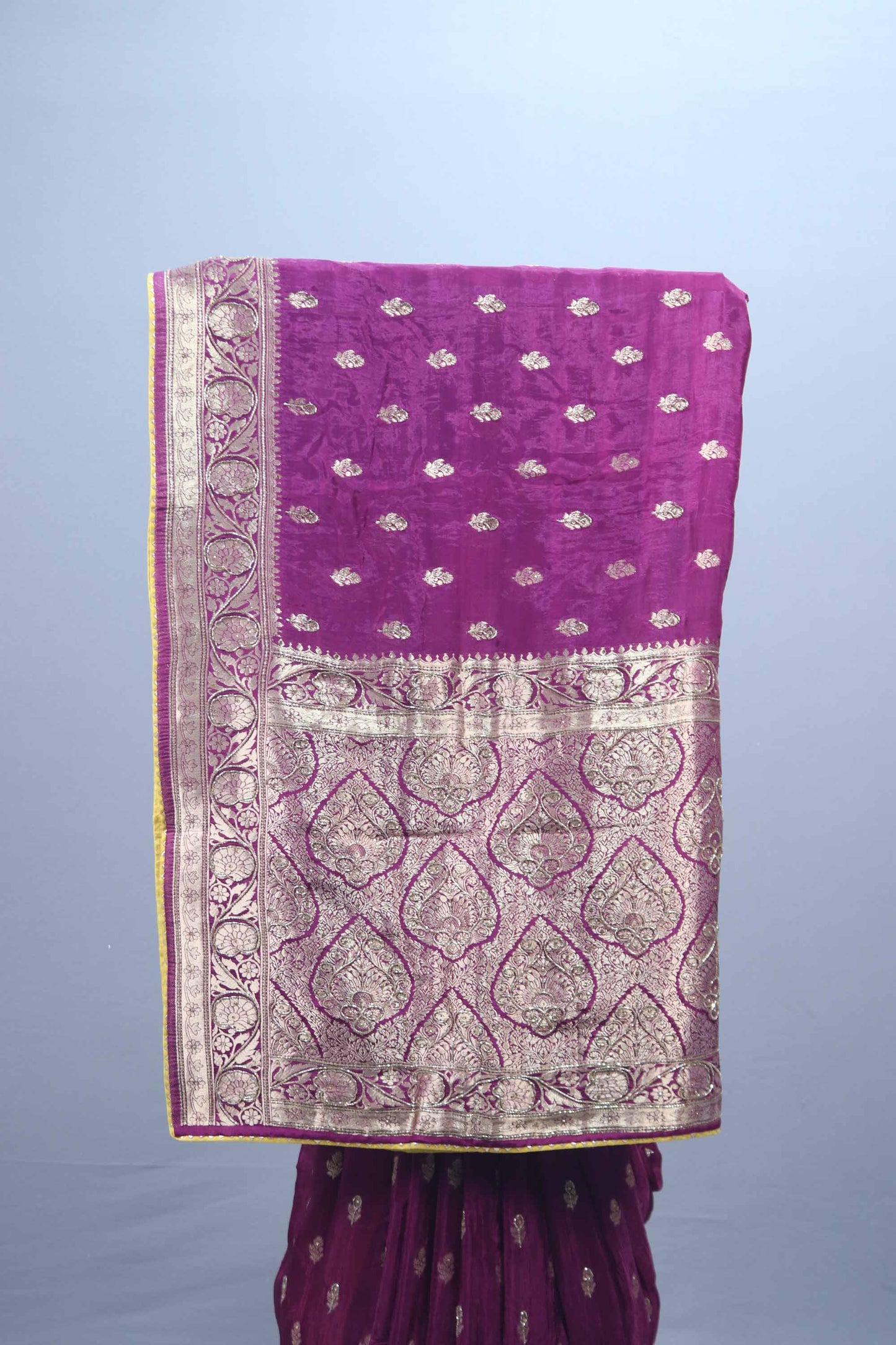 Purple Banarasi Silk Saree with Heavy Gold Zari Border Buti Work