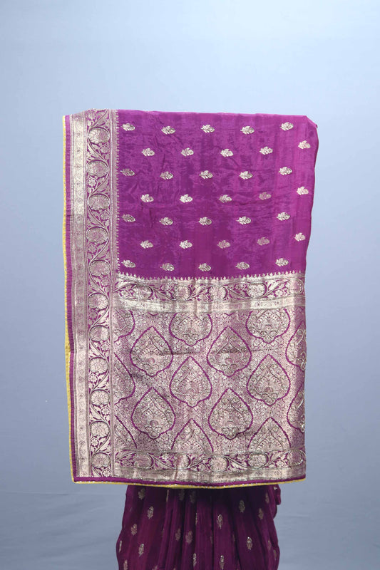 Purple Banarasi Silk Saree with Heavy Gold Zari Border Buti Work