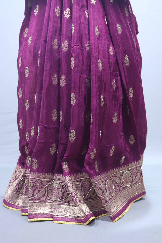 Purple Banarasi Silk Saree with Heavy Gold Zari Border Buti Work