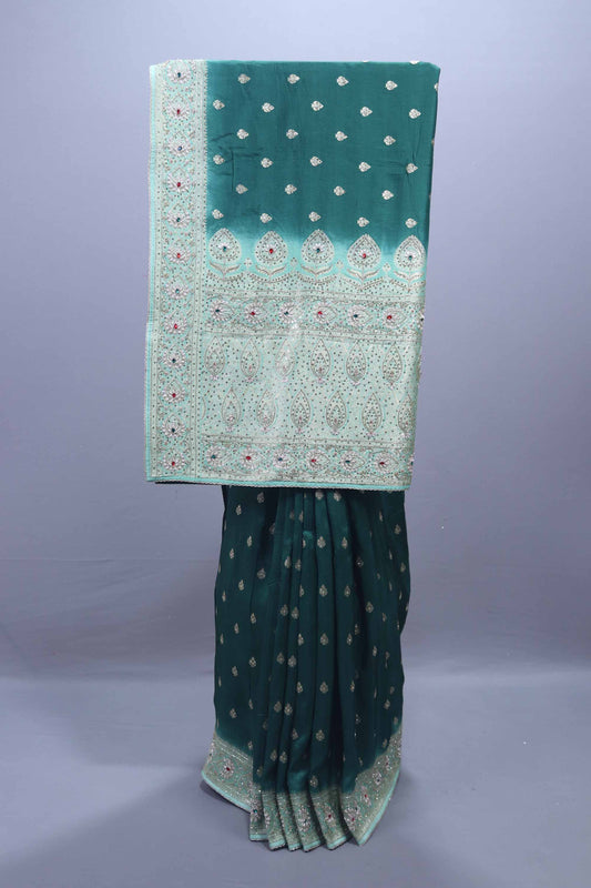 Teal Green Designer Silk Saree with Stone Work Rich Embroidered Pallu 