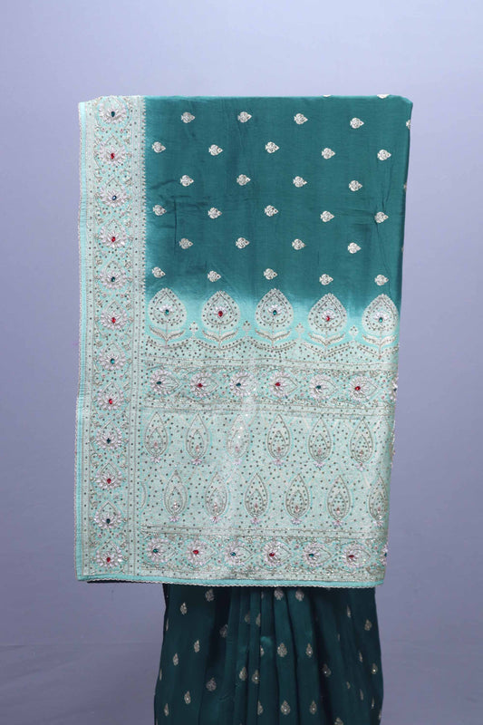 Teal Green Designer Silk Saree with Stone Work Rich Embroidered Pallu