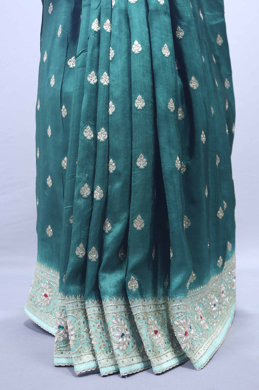 Teal Green Designer Silk Saree with Stone Work Rich Embroidered Pallu