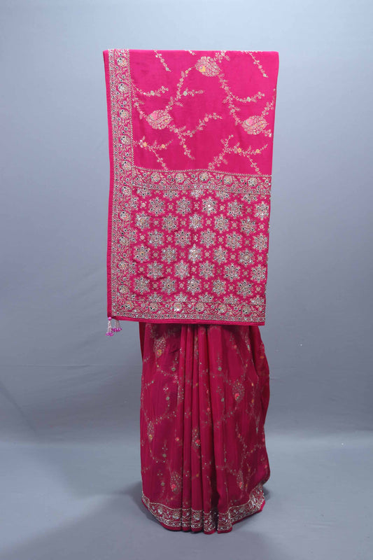 Hot Pink Georgette Saree with Heavy Embroidery Sequin Work 