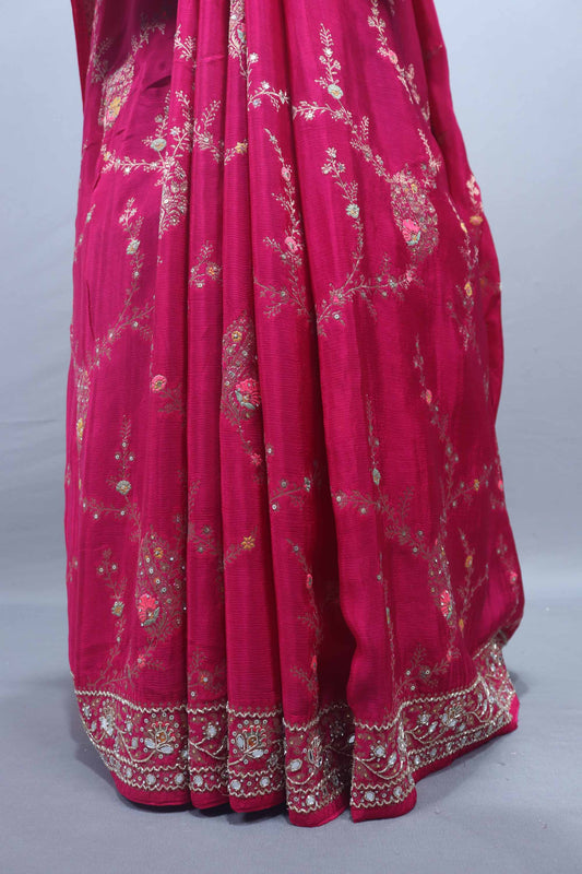 Hot Pink Georgette Saree with Heavy Embroidery Sequin Work