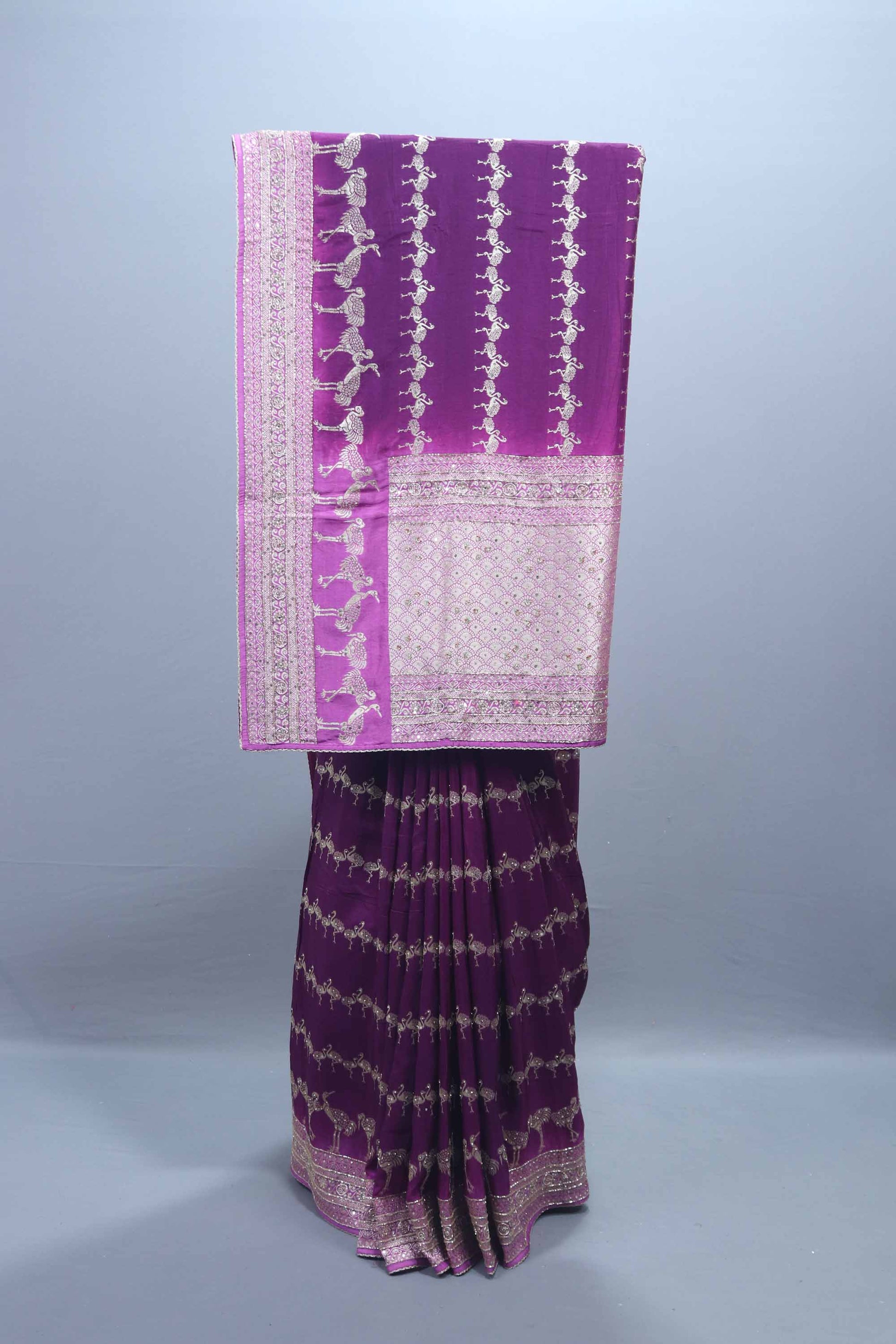Purple Banarasi Silk Saree with Dancing Doll Motifs Heavy Zari Border
