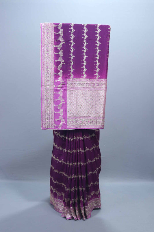 Purple Banarasi Silk Saree with Dancing Doll Motifs Heavy Zari Border