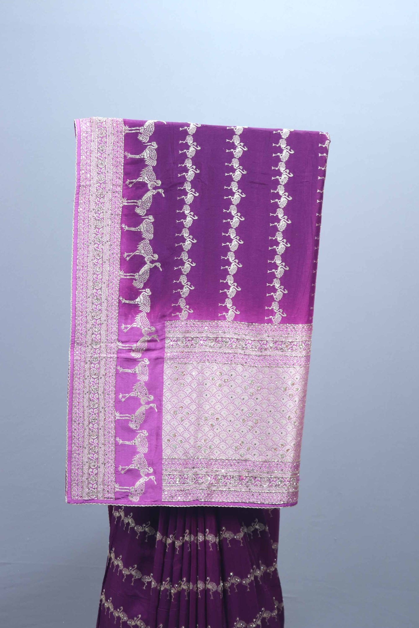 Purple Banarasi Silk Saree with Dancing Doll Motifs Heavy Zari Border