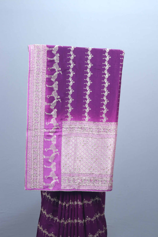 Purple Banarasi Silk Saree with Dancing Doll Motifs Heavy Zari Border