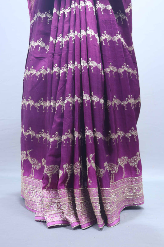 Purple Banarasi Silk Saree with Dancing Doll Motifs Heavy Zari Border