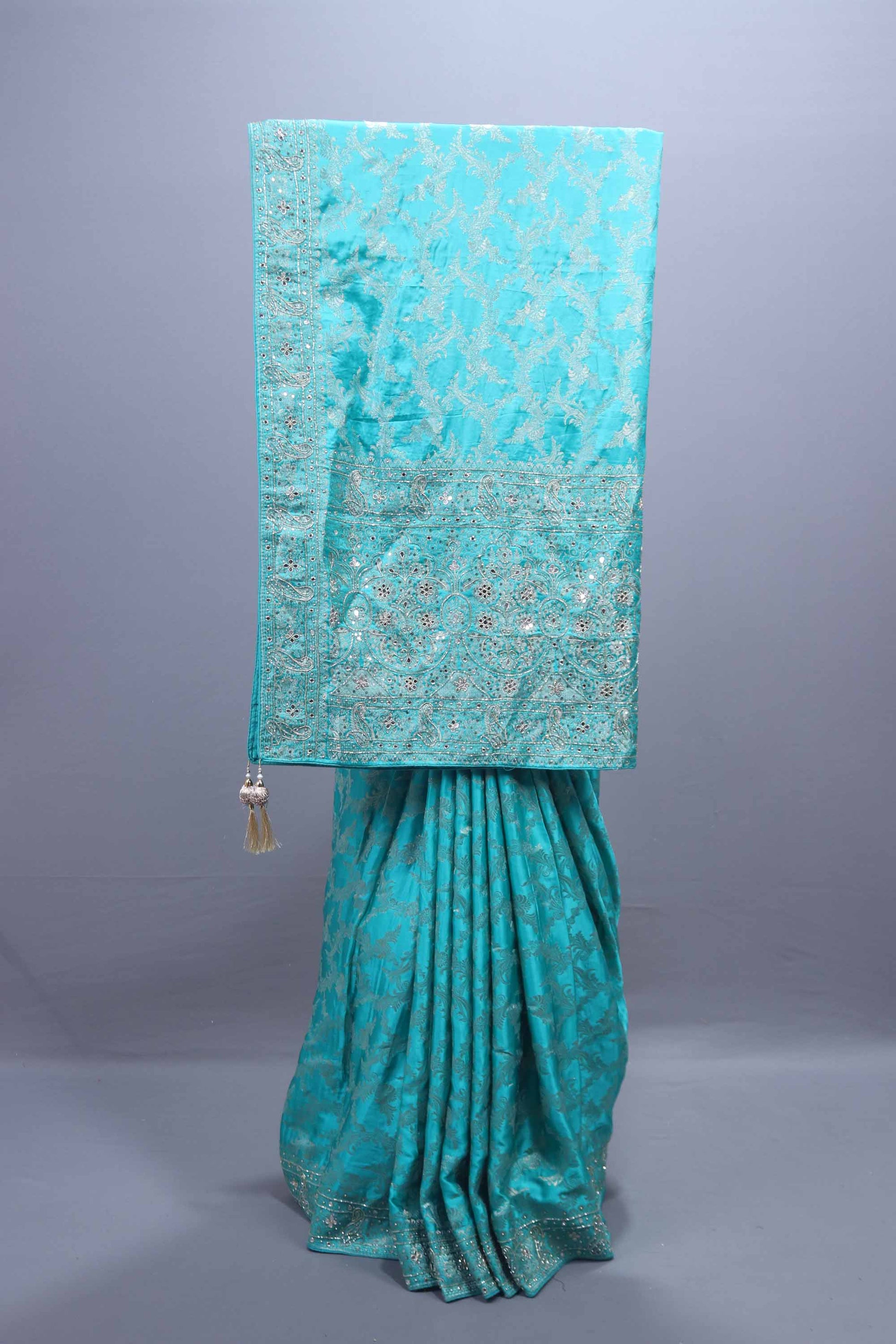 Aqua Blue Designer Saree with Heavy Embroidery Stone Work Border