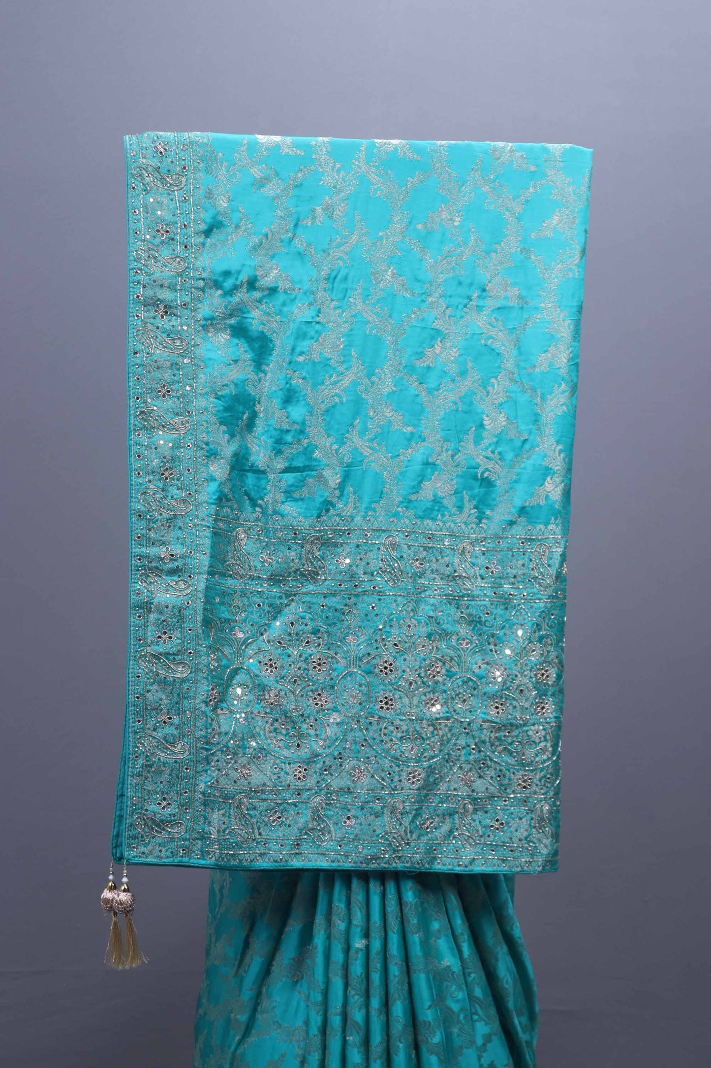 Aqua Blue Designer Saree with Heavy Embroidery Stone Work Border