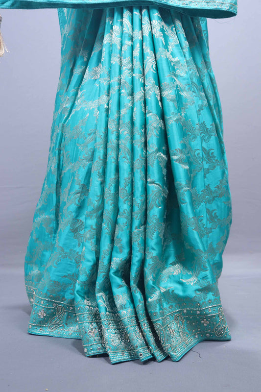 Aqua Blue Designer Saree with Heavy Embroidery Stone Work Border