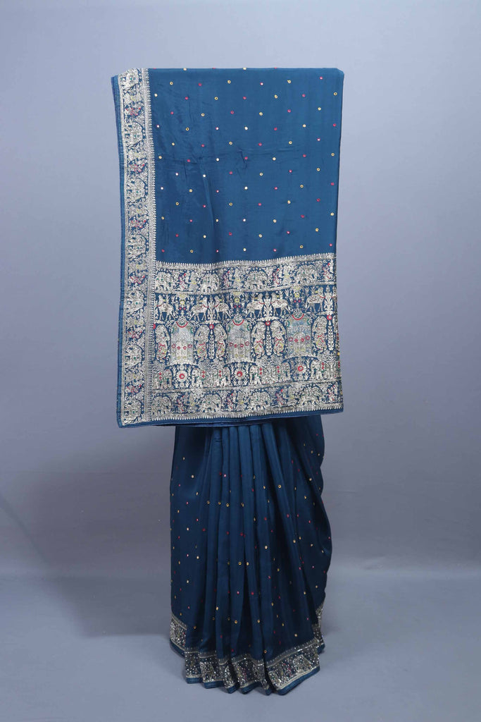 Navy Blue Designer Saree with Elephant Embroidery Rich Border