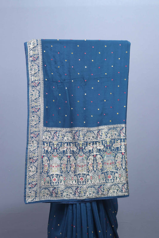 Navy Blue Designer Saree with Elephant Embroidery Rich Border