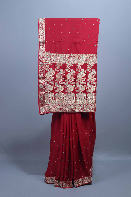 Red Wedding Saree with Elephant Embroidery Rich Zari Border 