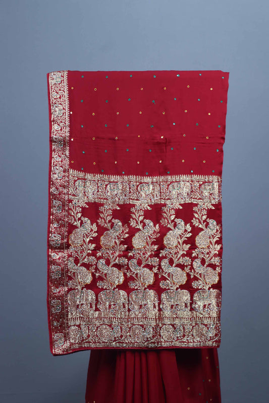 Red Wedding Saree with Elephant Embroidery Rich Zari Border