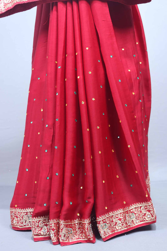Red Wedding Saree with Elephant Embroidery Rich Zari Border