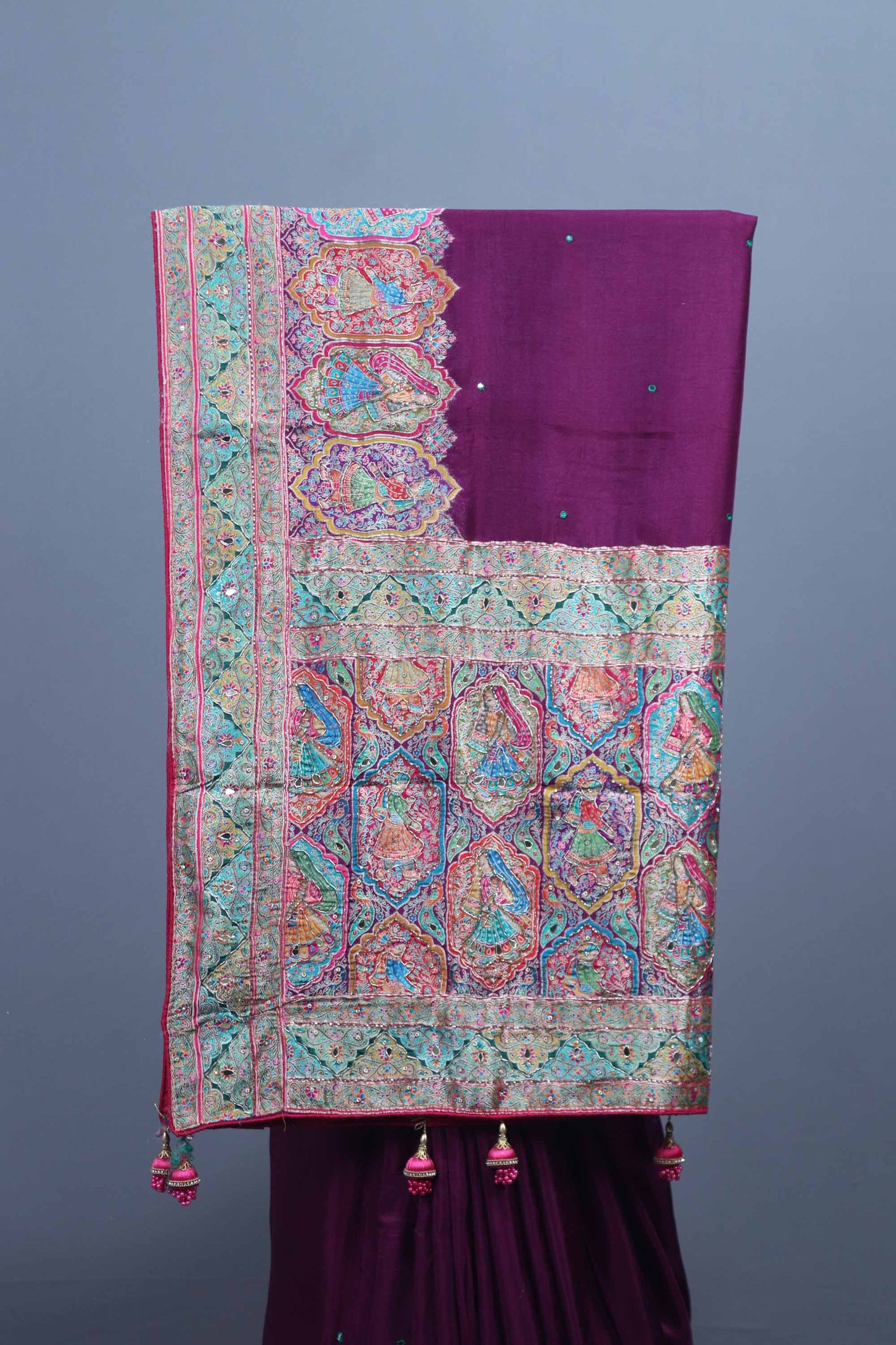 Wine Purple Designer Saree with Multicolor Kashmiri Embroidered Border