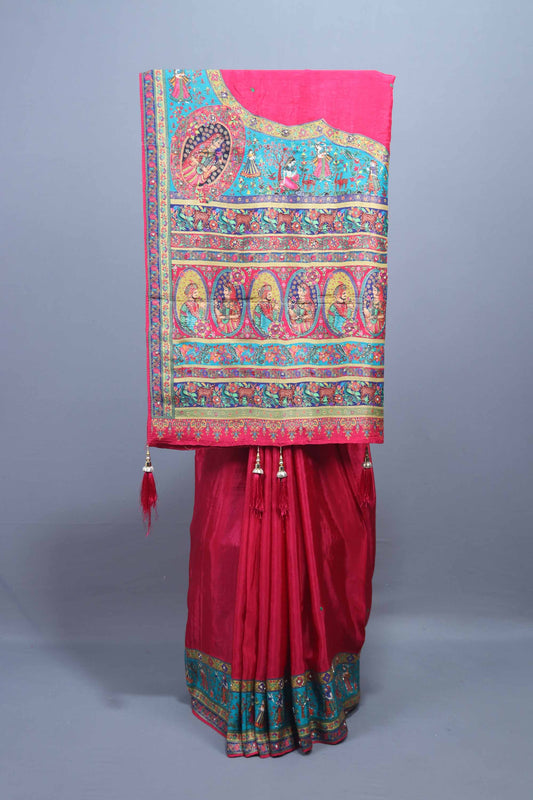 Designer Red Saree with Rajasthani Folk Print Border and Pallu