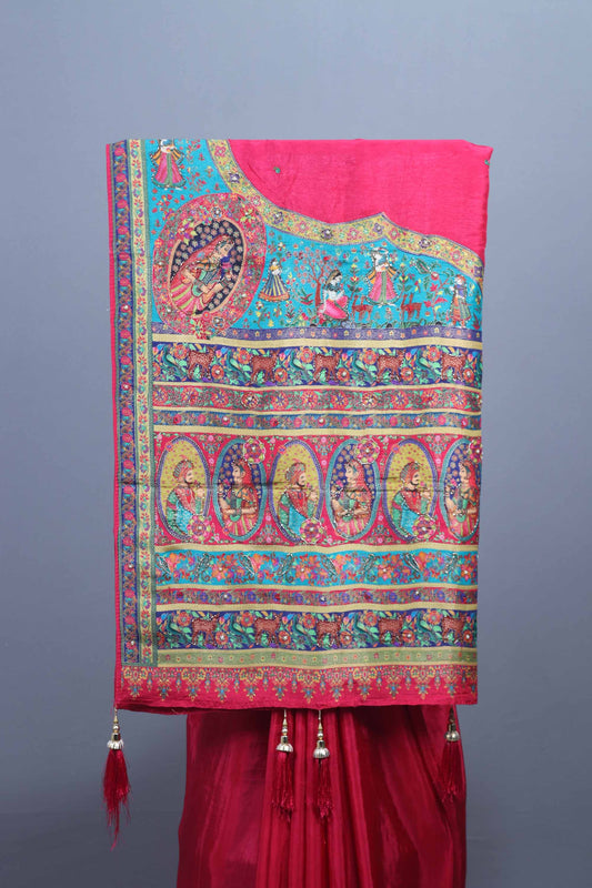 Designer Red Saree with Rajasthani Folk Print Border and Pallu