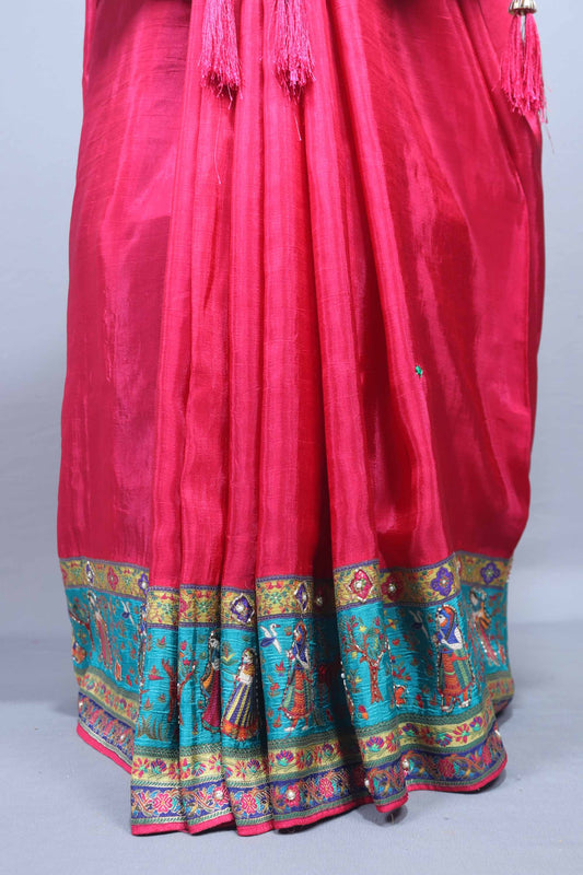 Designer Red Saree with Rajasthani Folk Print Border and Pallu