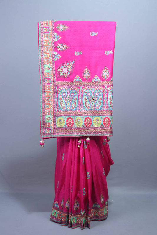Rani Pink Printed Silk Saree with Traditional Paisley Floral Border  