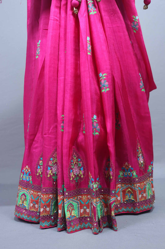 Rani Pink Printed Silk Saree with Traditional Paisley Floral Border