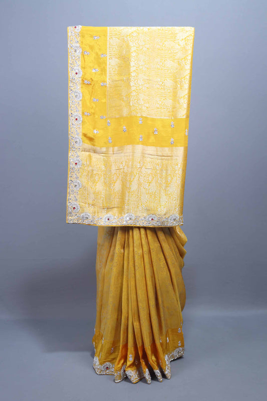 Mustard Yellow Silk Saree Embroidered Border Motifs Traditional Saree